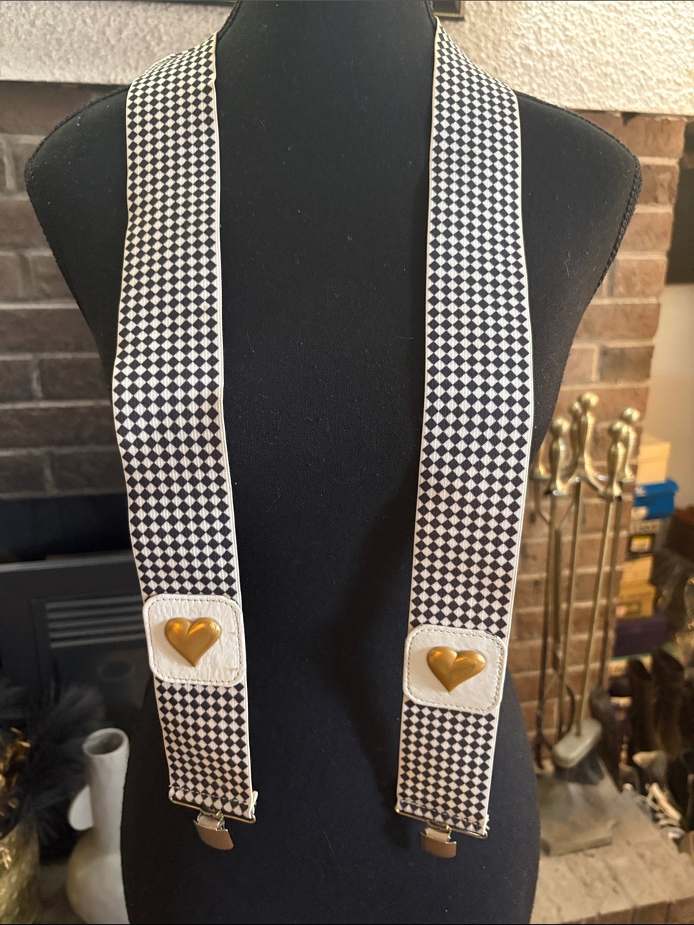 Black & White Checkered Suspenders with Gold Heart Accents